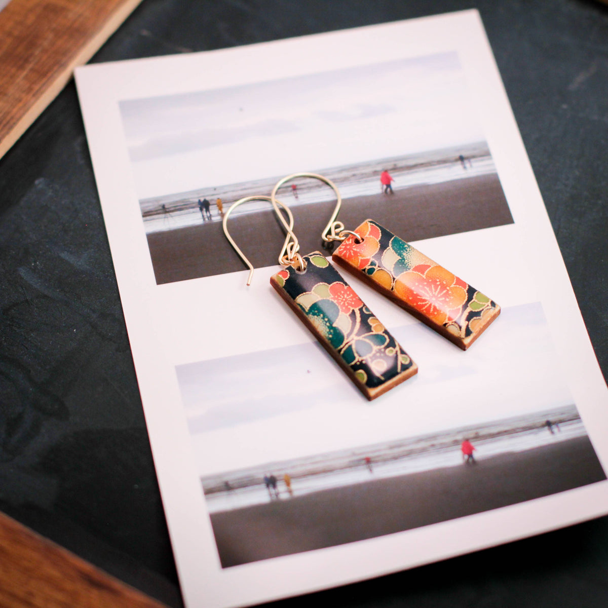 Navy + Gold Floral Rectangle Earrings