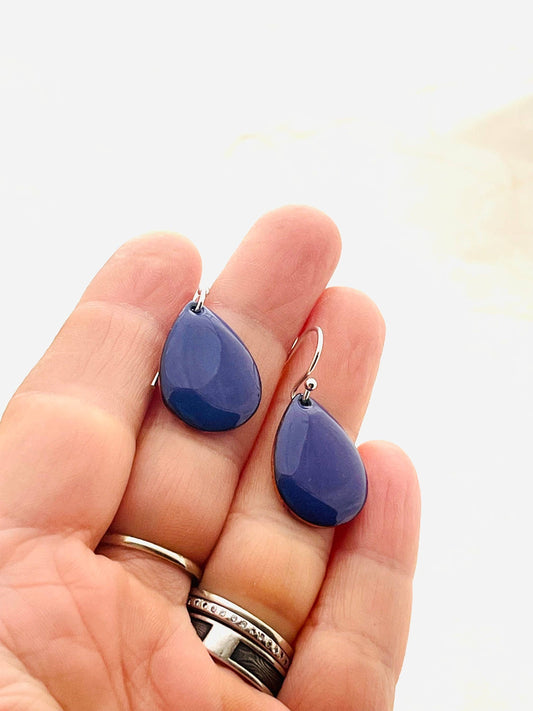 Small Teardrop Earrings, Dark Purple Enamel Earrings