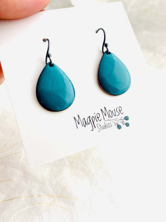 Small Teardrop Earrings, Spruce Green Enamel, Minimalist