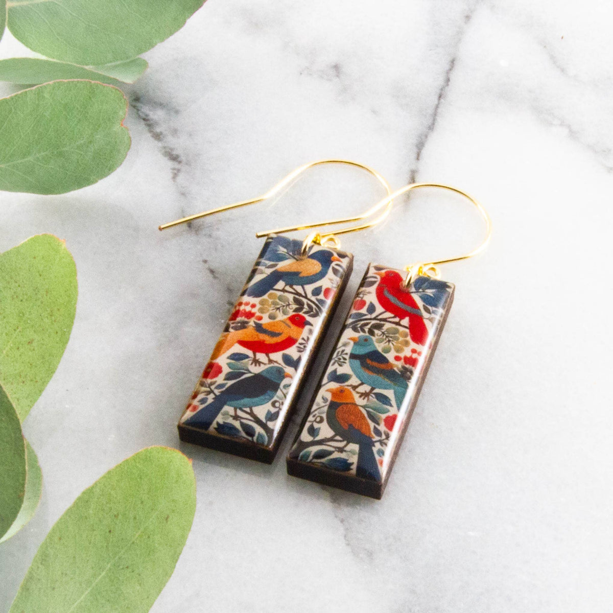 Scandi Autumn Birds Rectangle Earrings