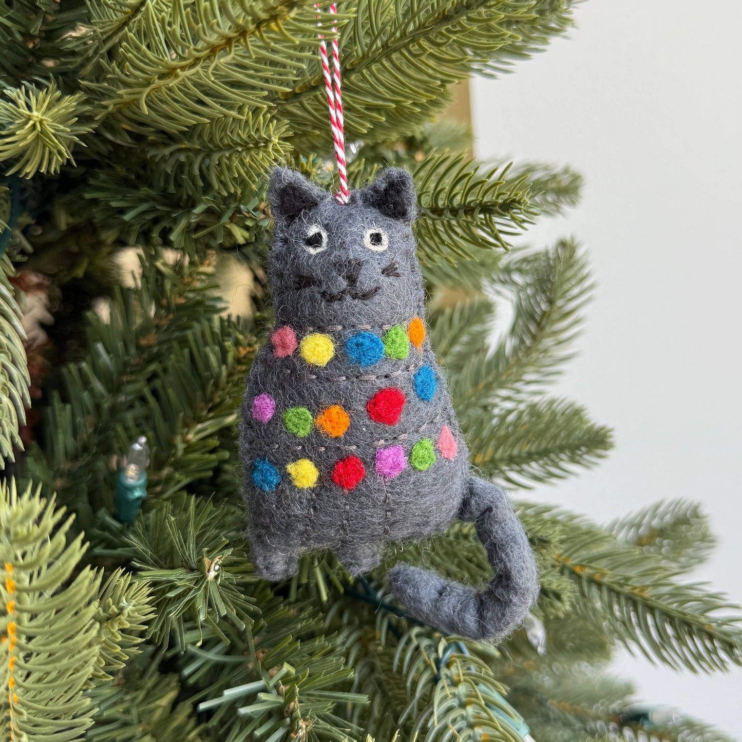 Cat Tangled in Christmas Lights Felt Wool Ornament