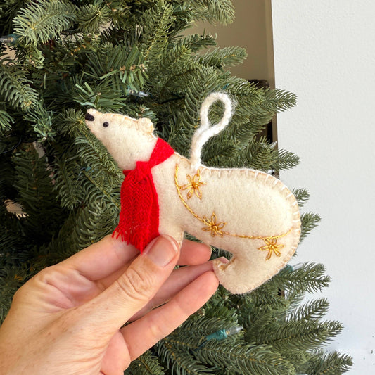 Polar Bear Embroidered Wool Christmas Ornament