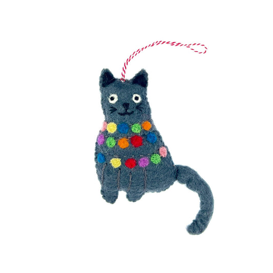 Cat Tangled in Christmas Lights Felt Wool Ornament