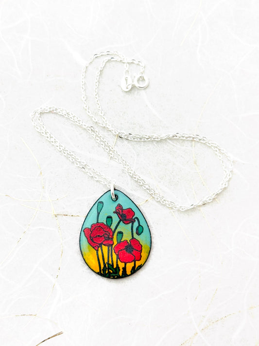 Poppy Pendant Necklace, Mint Green and Yellow Enamel