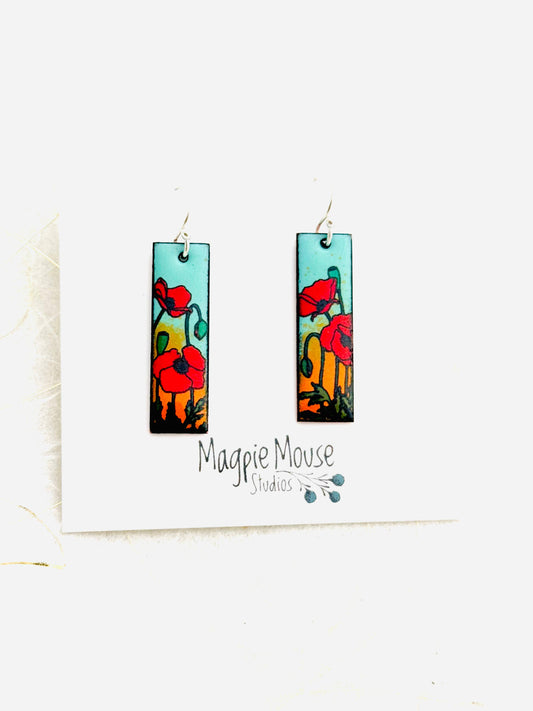 Small Rectangle Poppy Earrings, Mint Green and Orange Enamel