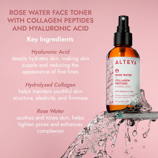 Rose Water Hydro Mist - Collagen Peptides & Hyaluronic Acid