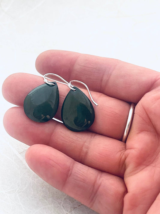 Small Teardrop Earrings, Alpine Green Enamel