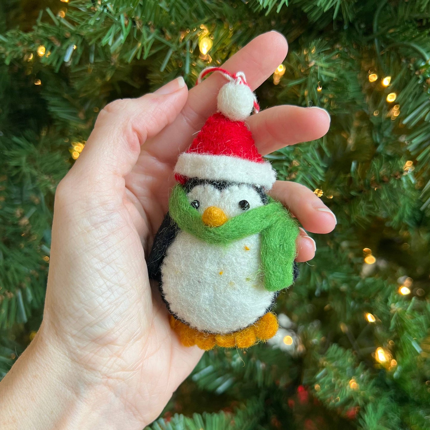 Penguin with Red Hat Felt Wool Christmas Ornament