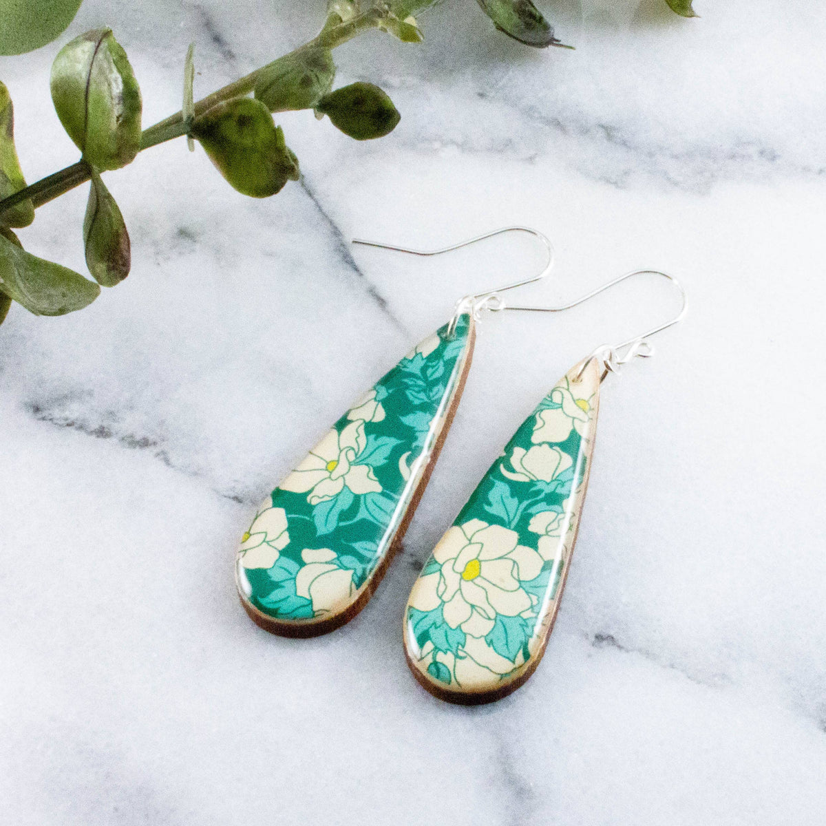 Teardrop Teal Dogwood Blossom Earrings
