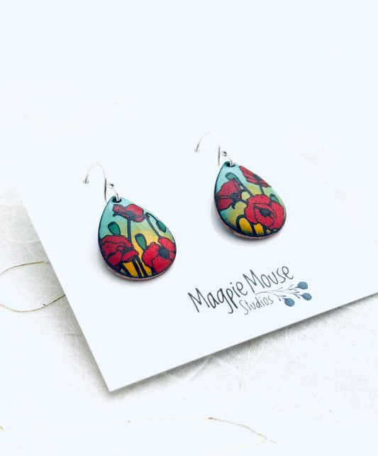 Small Teardrop Poppy Earrings, Mint Green and Yellow Enamel