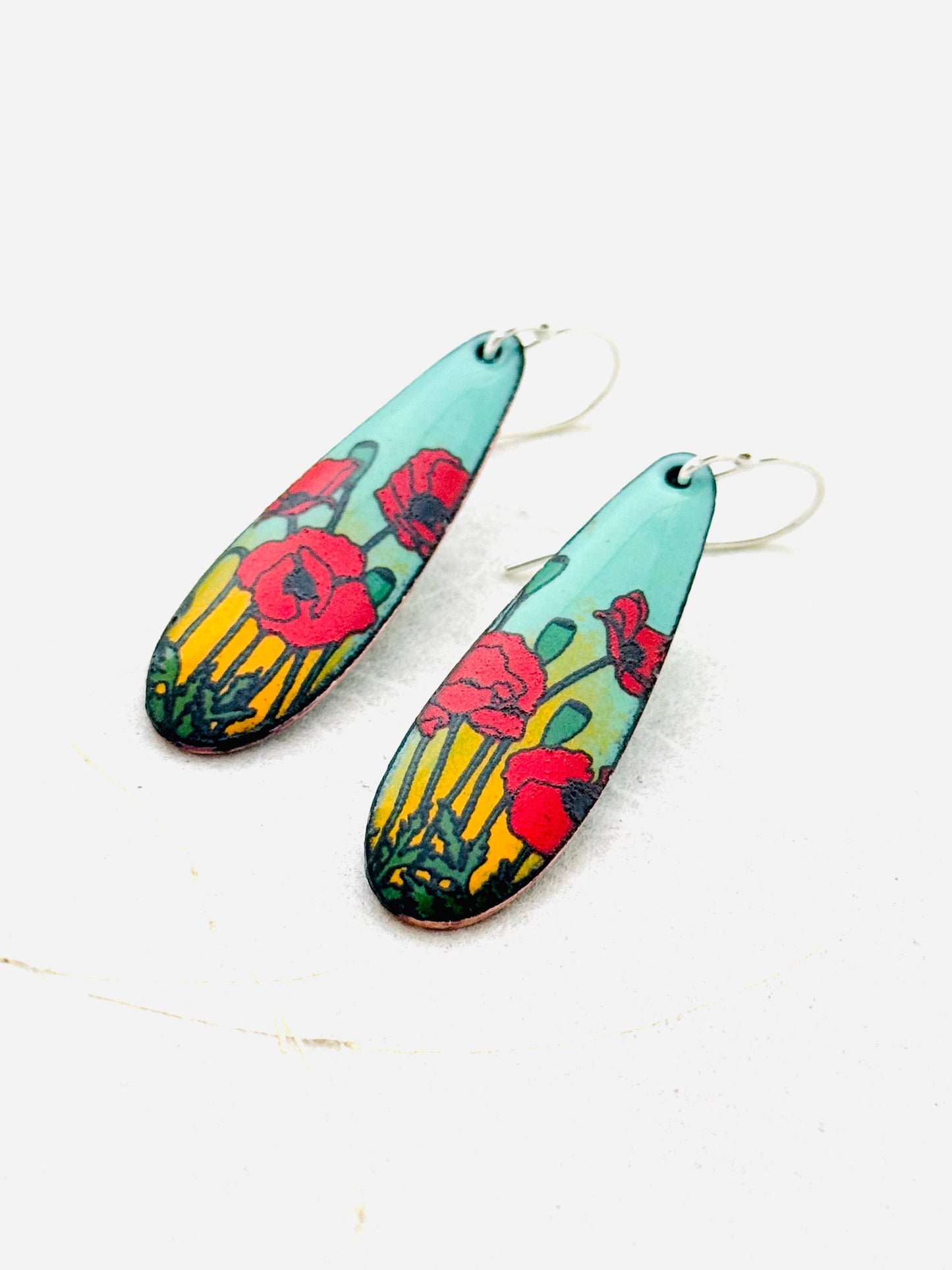 Long Teardrop Poppy Earrings, Mint Green and Yellow Enamel