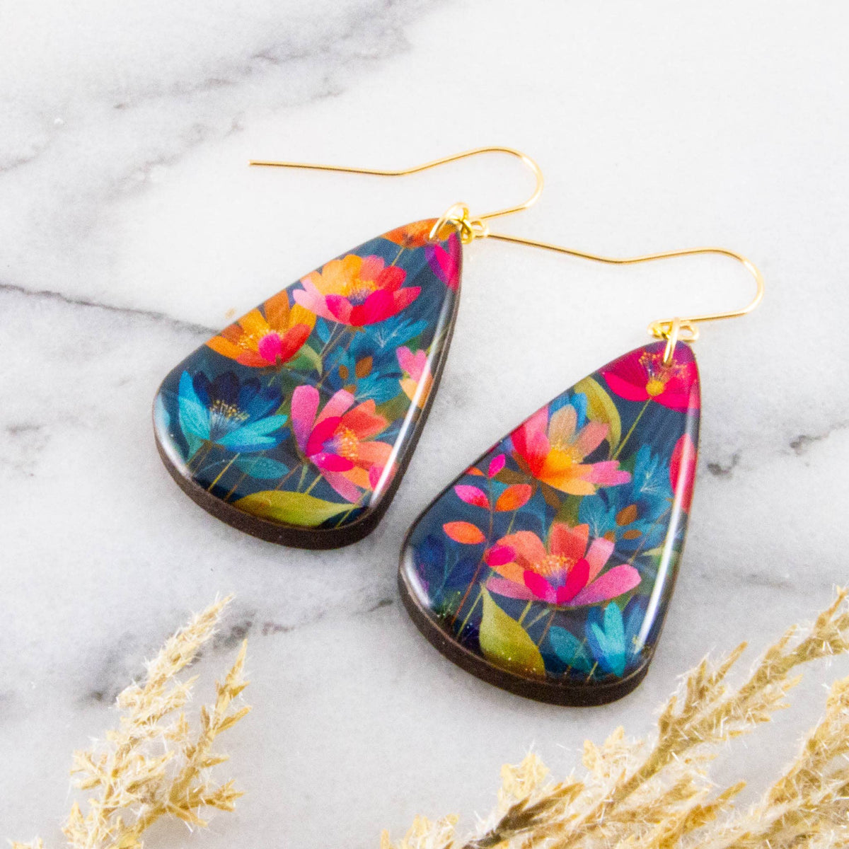 Bright Watercolor Floral Oversize Teardrop Earrings