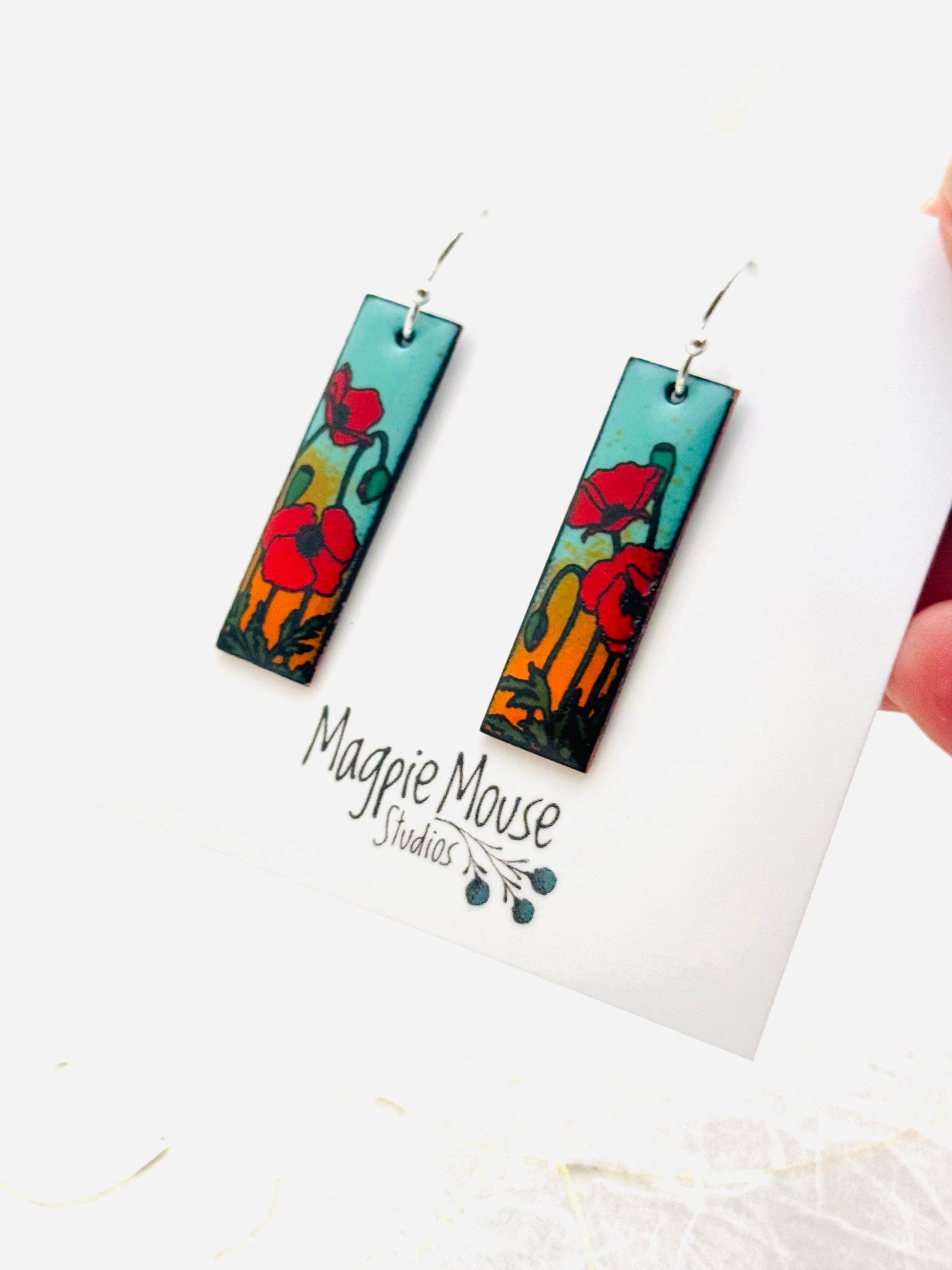 Small Rectangle Poppy Earrings, Mint Green and Orange Enamel