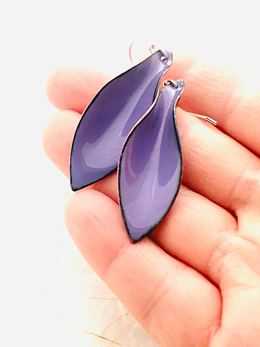 Small Leaf Earrings, Mauve Purple Enamel