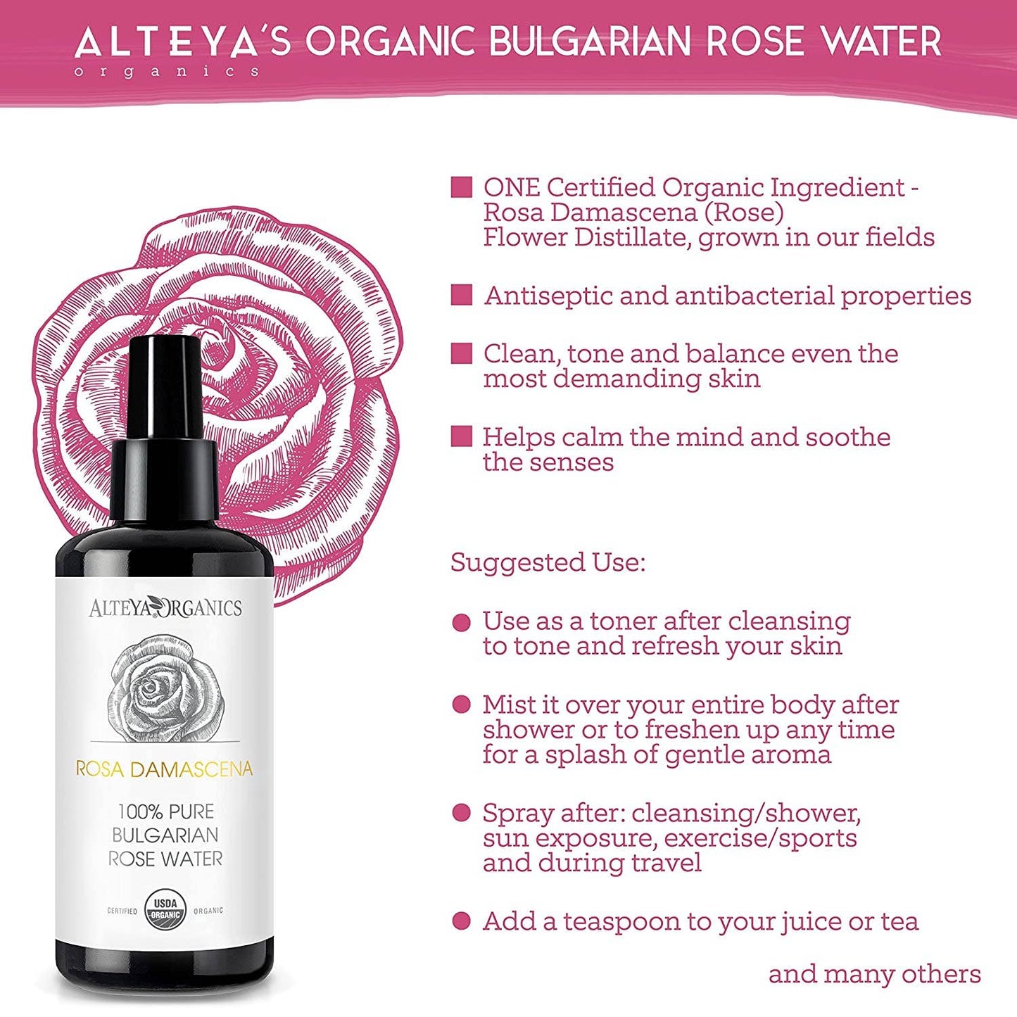 Organic Bulgarian Rose Water 200 ml - Violet Glass