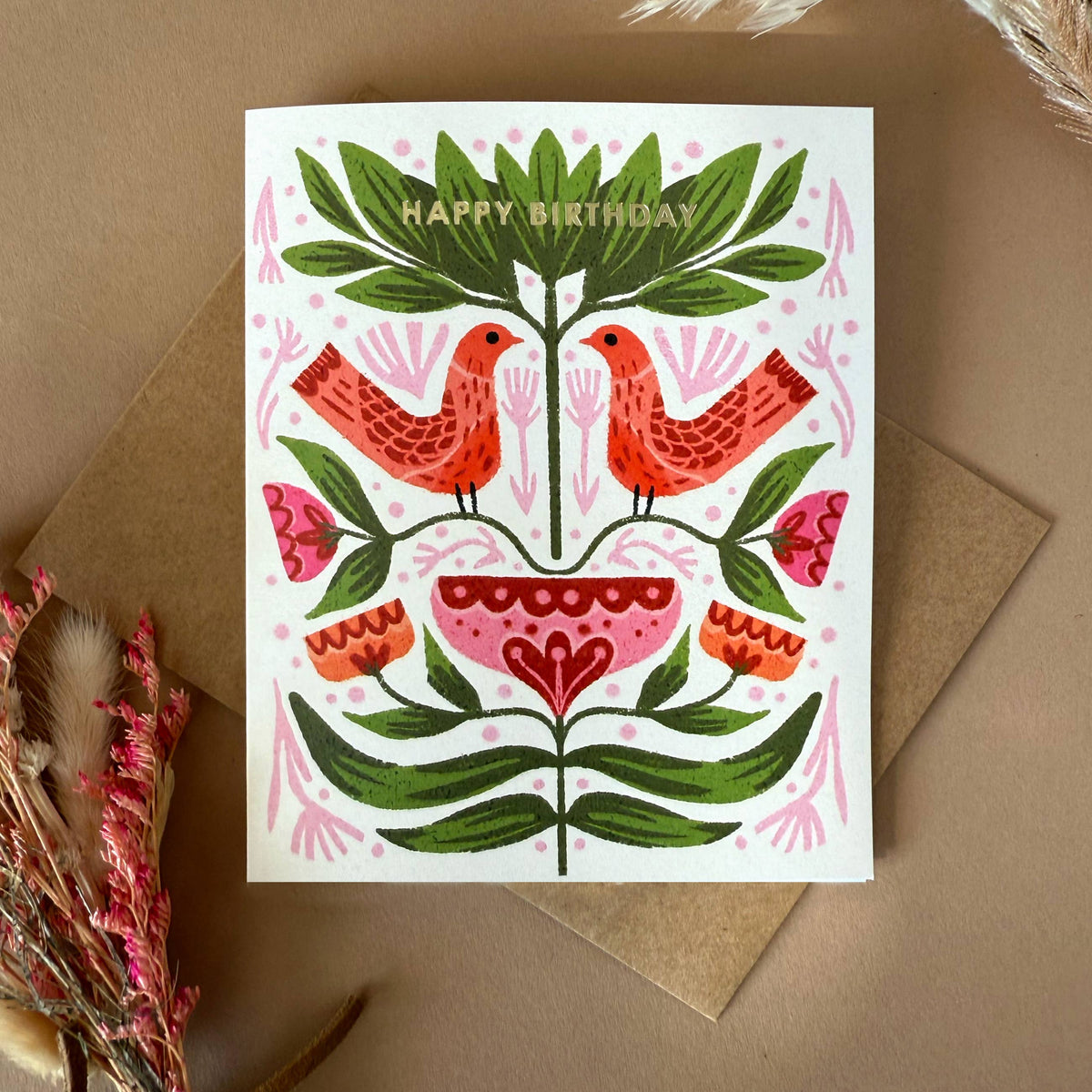 Folk Birthday Birds Birthday Illustrated Gold Foil Card