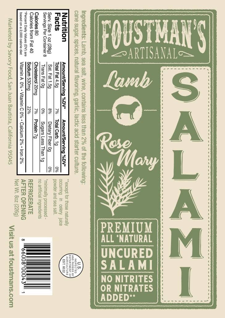 LAMB ROSEMARY | FOUSTMAN'S ALL-NATURAL UNCURED SALAMI - 8oz