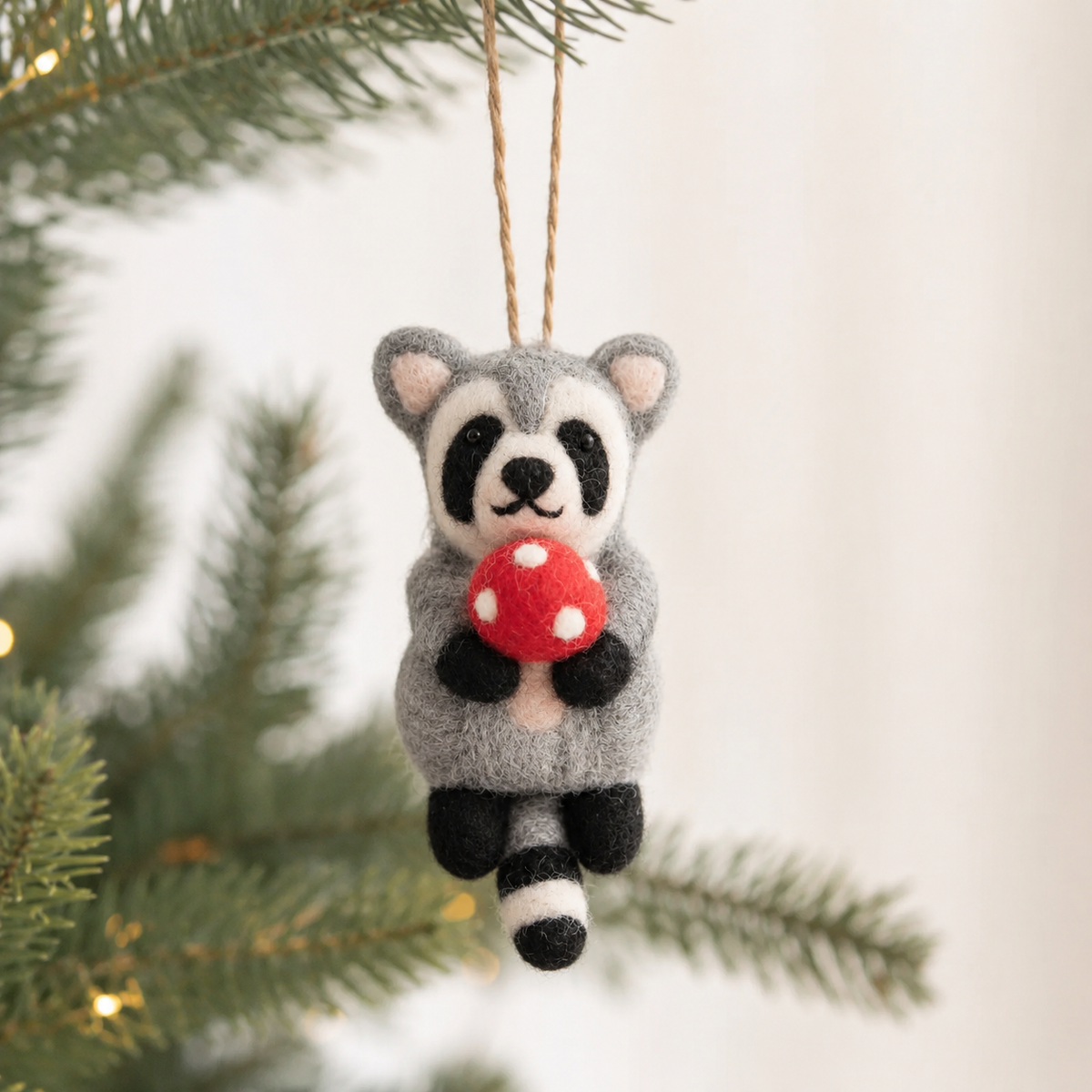 Raccoon Holding Mushroom Ornament