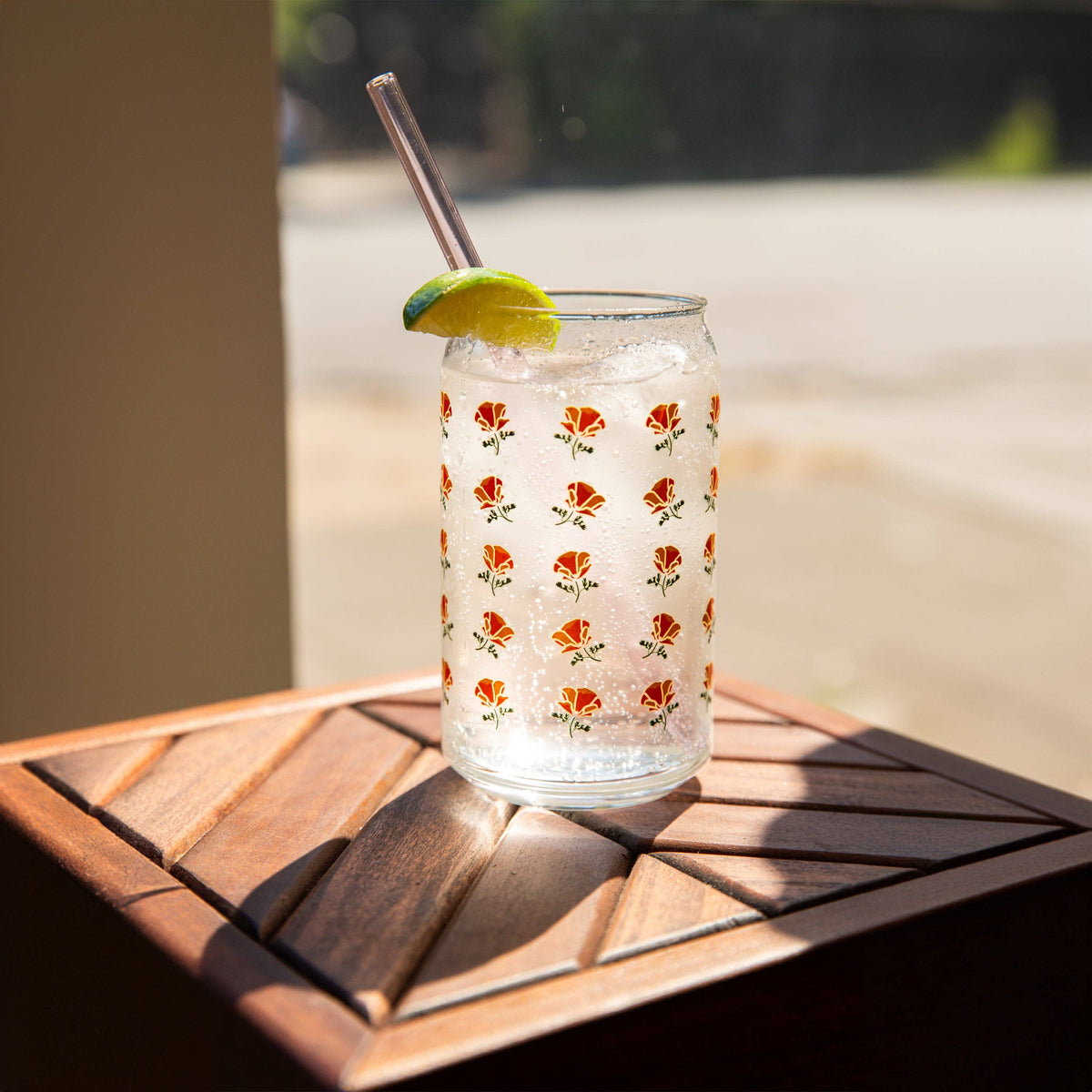 California Poppy Flower Pattern Beer Can Glass