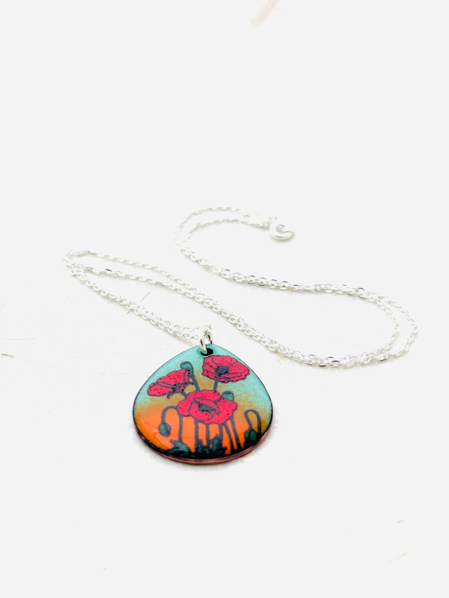 Poppy Pendant Necklace, Mint Green and Orange Enamel