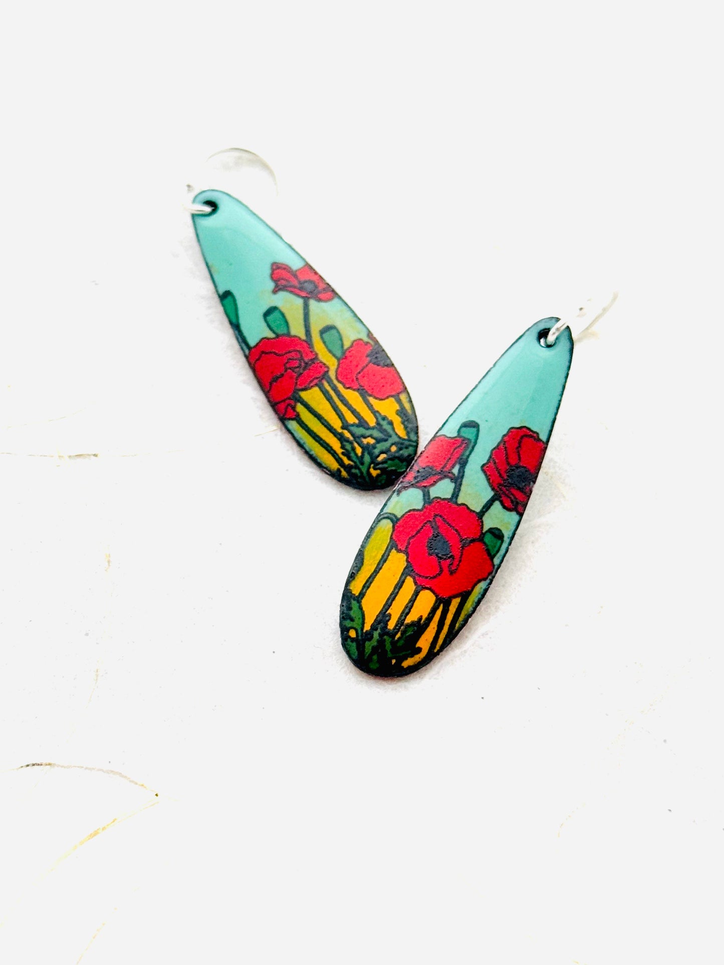 Long Teardrop Poppy Earrings, Mint Green and Yellow Enamel