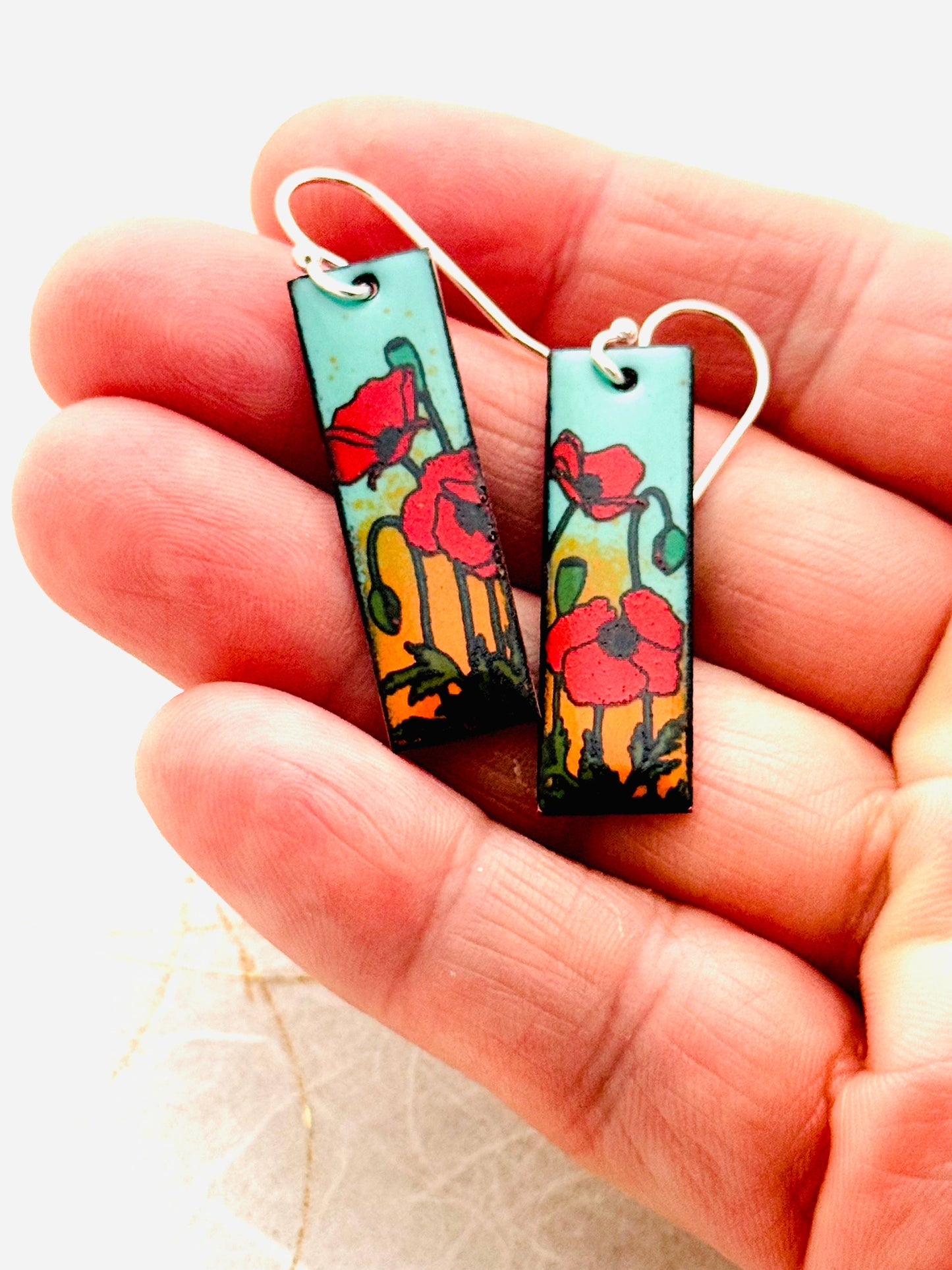 Small Rectangle Poppy Earrings, Mint Green and Orange Enamel