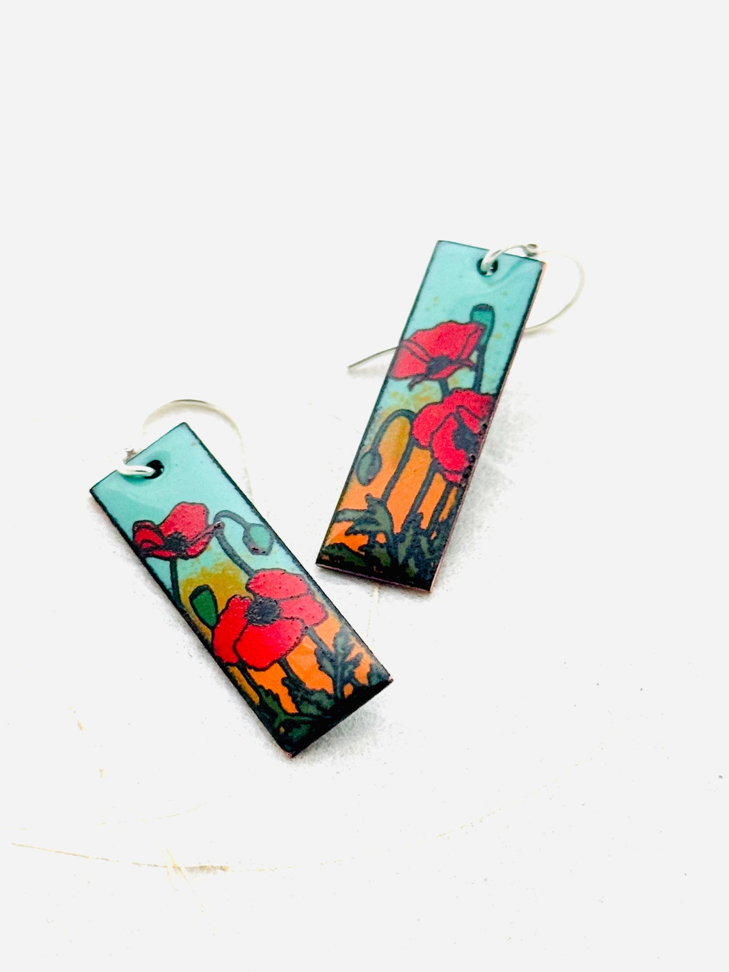 Small Rectangle Poppy Earrings, Mint Green and Orange Enamel