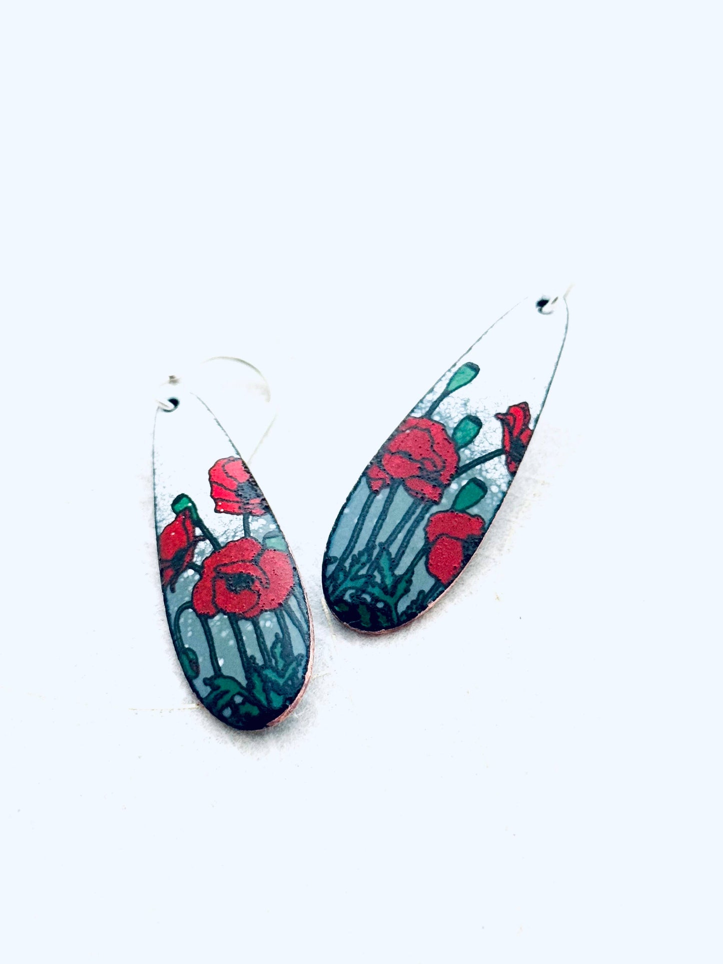 Long Teardrop Poppy Earrings, Grey and White Enamel