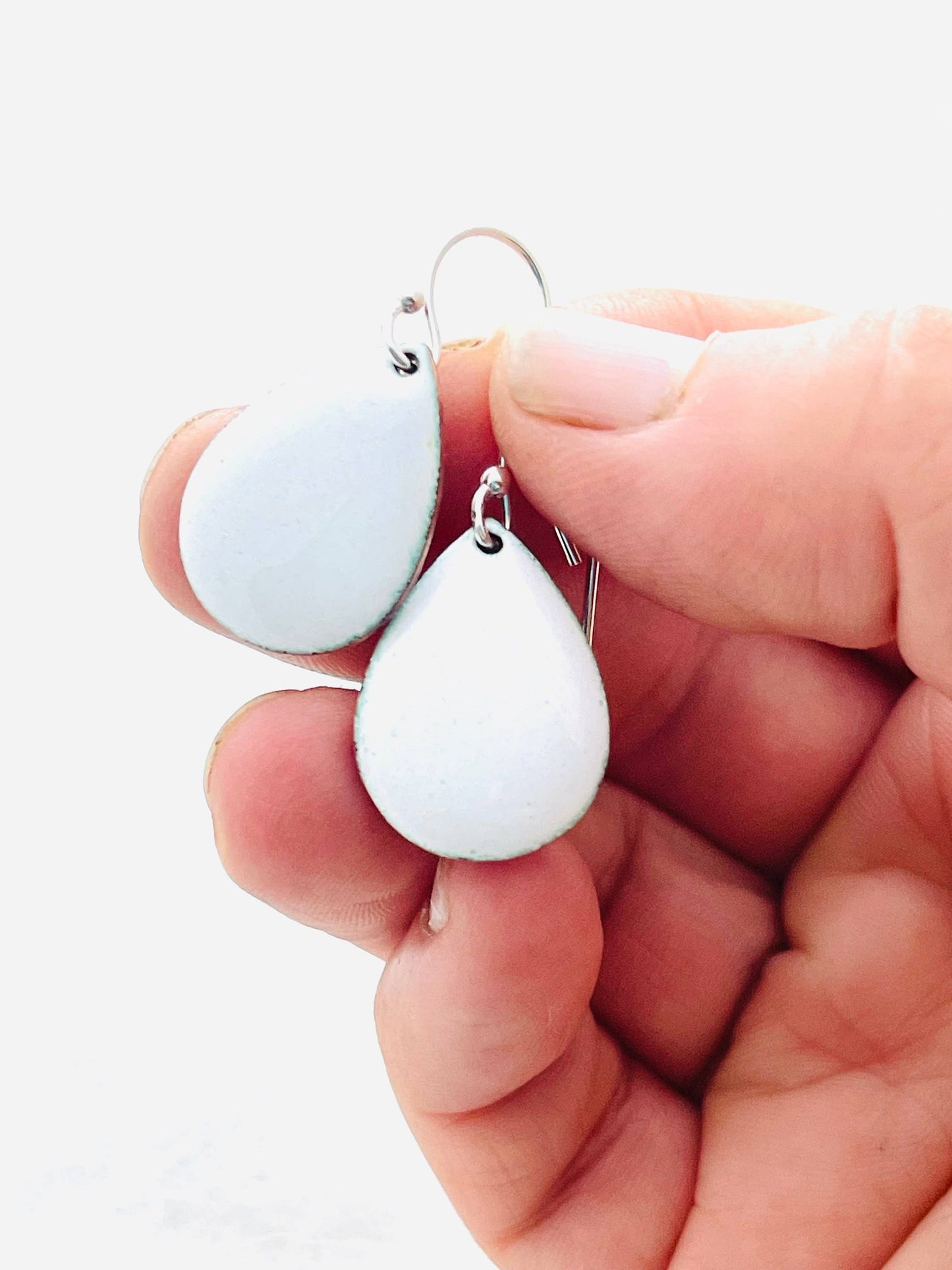 Small Teardrop Earrings, Titanium White Enamel Earrings