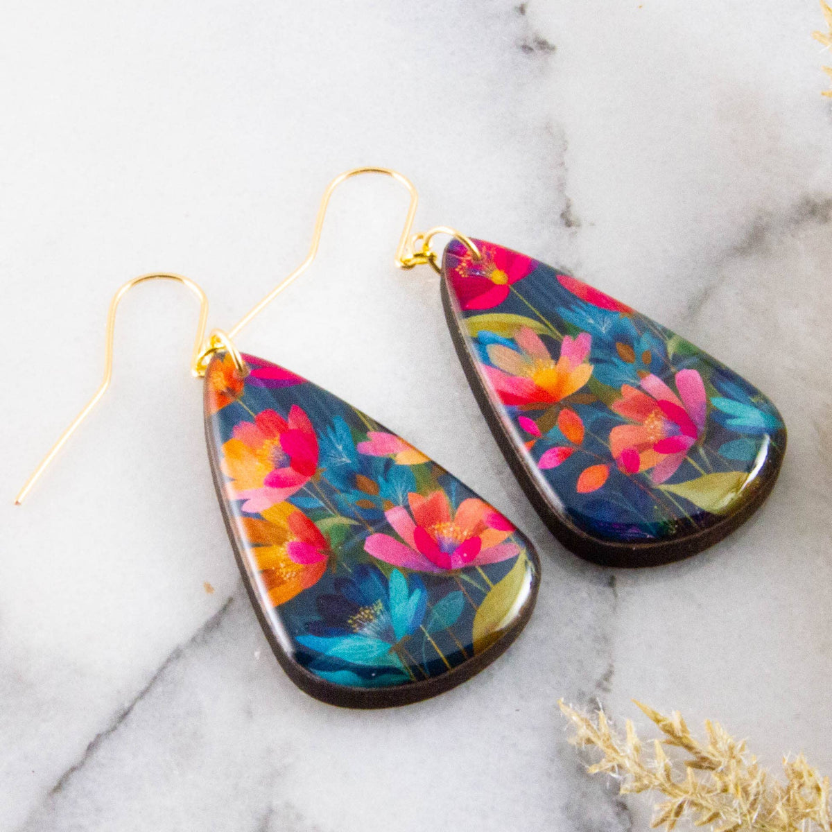 Bright Watercolor Floral Oversize Teardrop Earrings