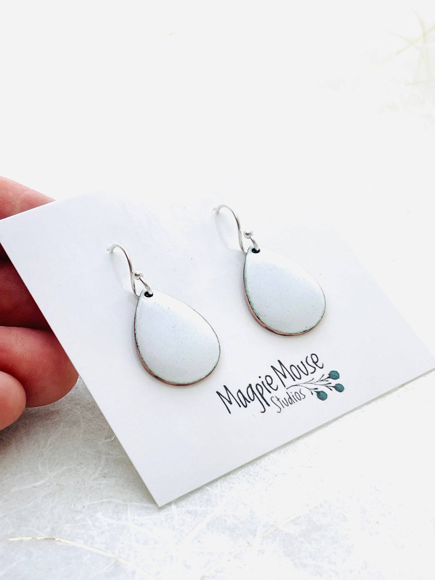 Small Teardrop Earrings, Titanium White Enamel Earrings