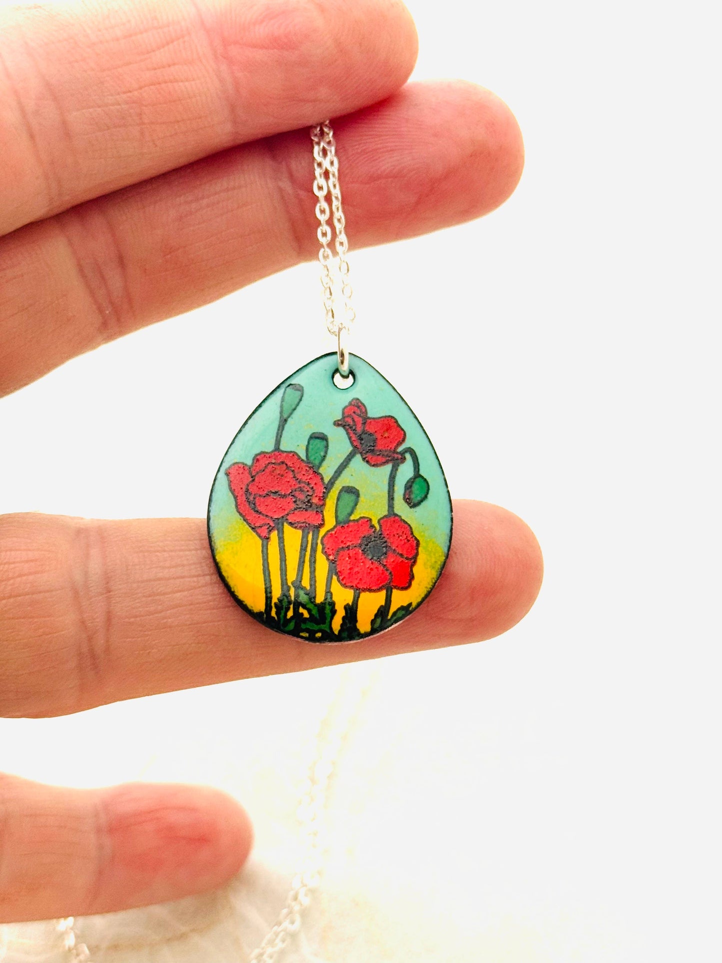 Poppy Pendant Necklace, Mint Green and Yellow Enamel