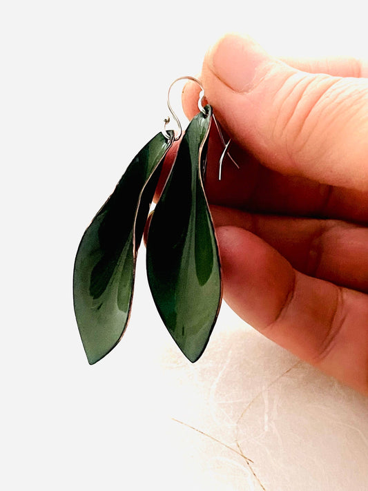 Small Leaf Earrings, Alpine Green Enamel