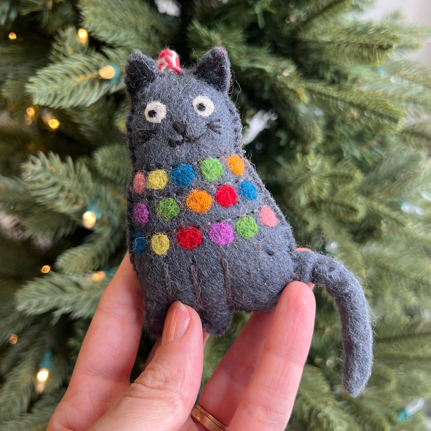 Cat Tangled in Christmas Lights Felt Wool Ornament 