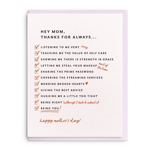 Mom List - Letterpress Mother's Day Greeting Card