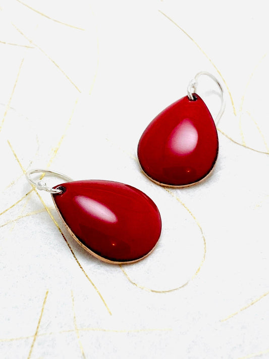 Small Teardrop Earrings, Red Enamel Glass