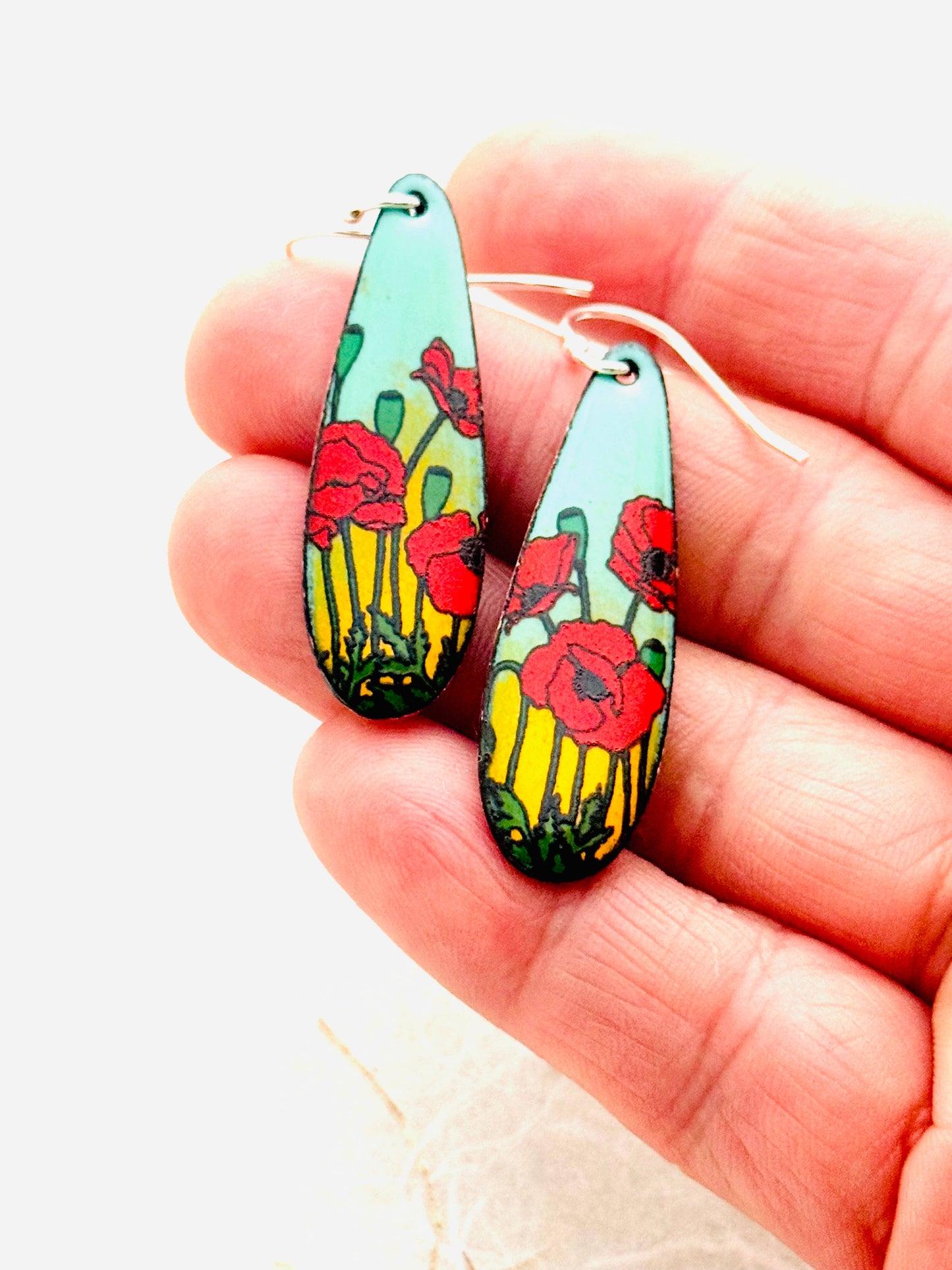 Long Teardrop Poppy Earrings, Mint Green and Yellow Enamel