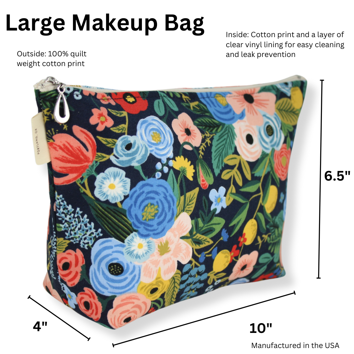 The Large Makeup Bag | Lined Zip Pouch | Cotton