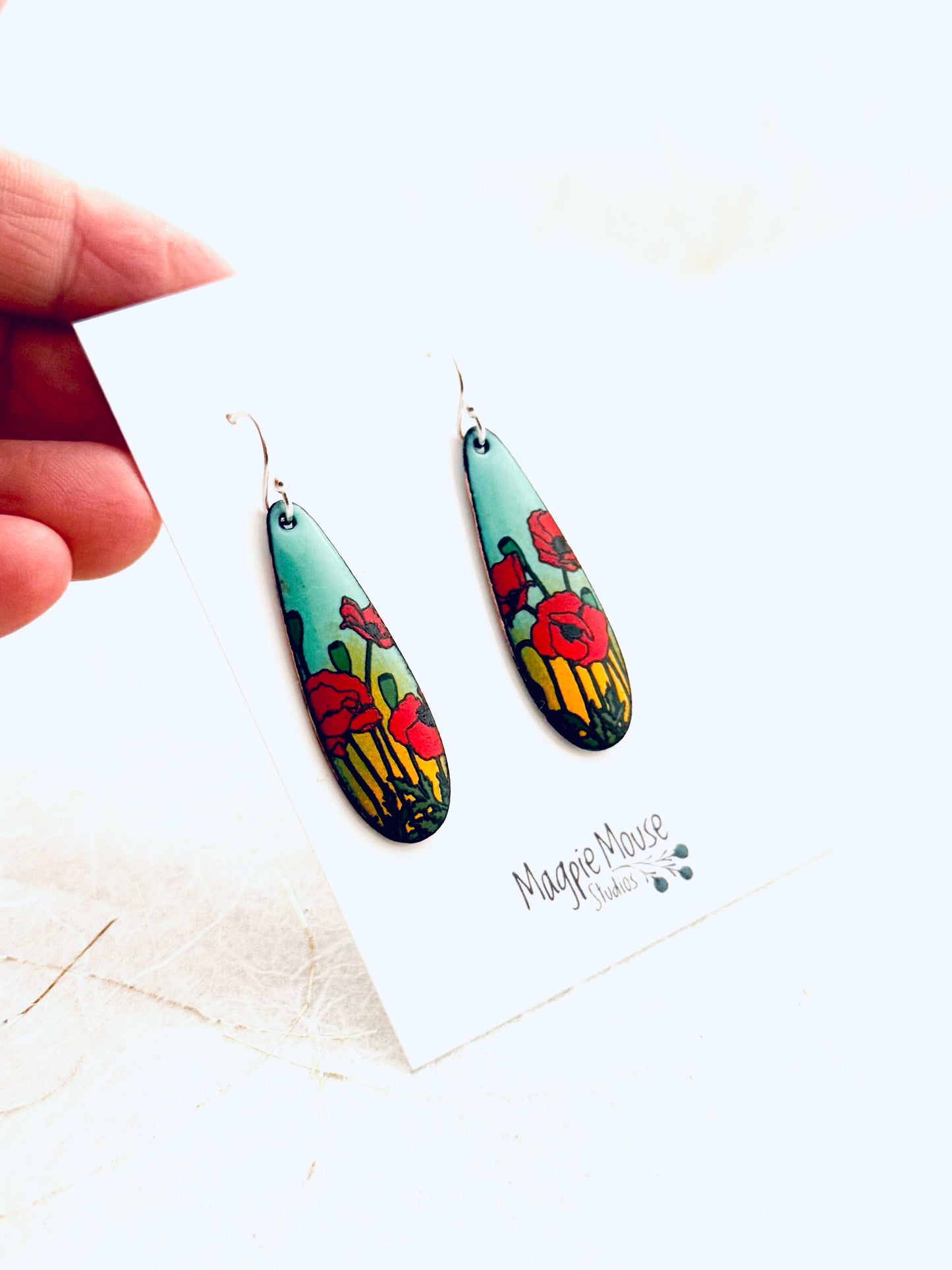 Long Teardrop Poppy Earrings, Mint Green and Yellow Enamel