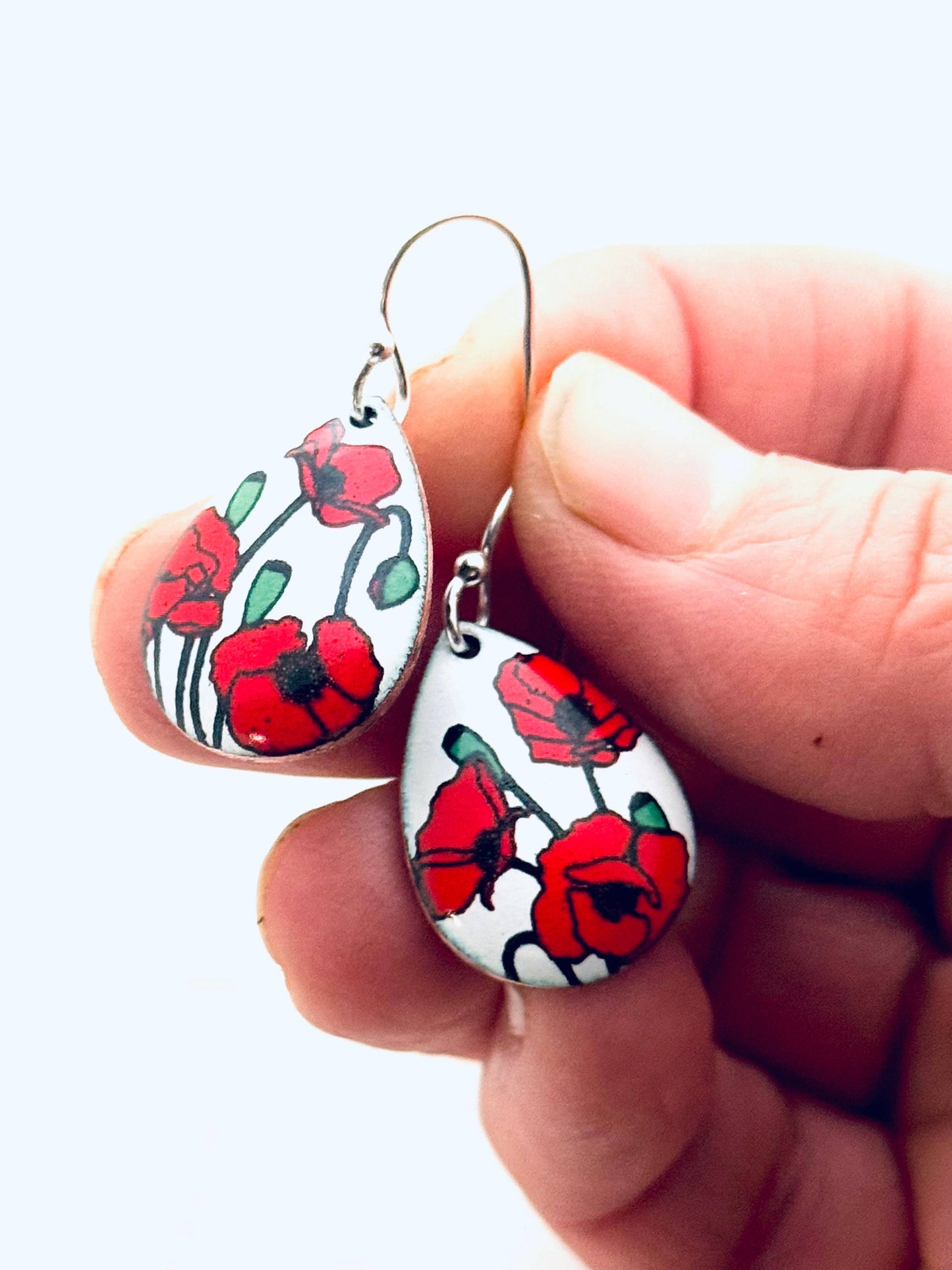 Small Teardrop Poppy Earrings, White Enamel