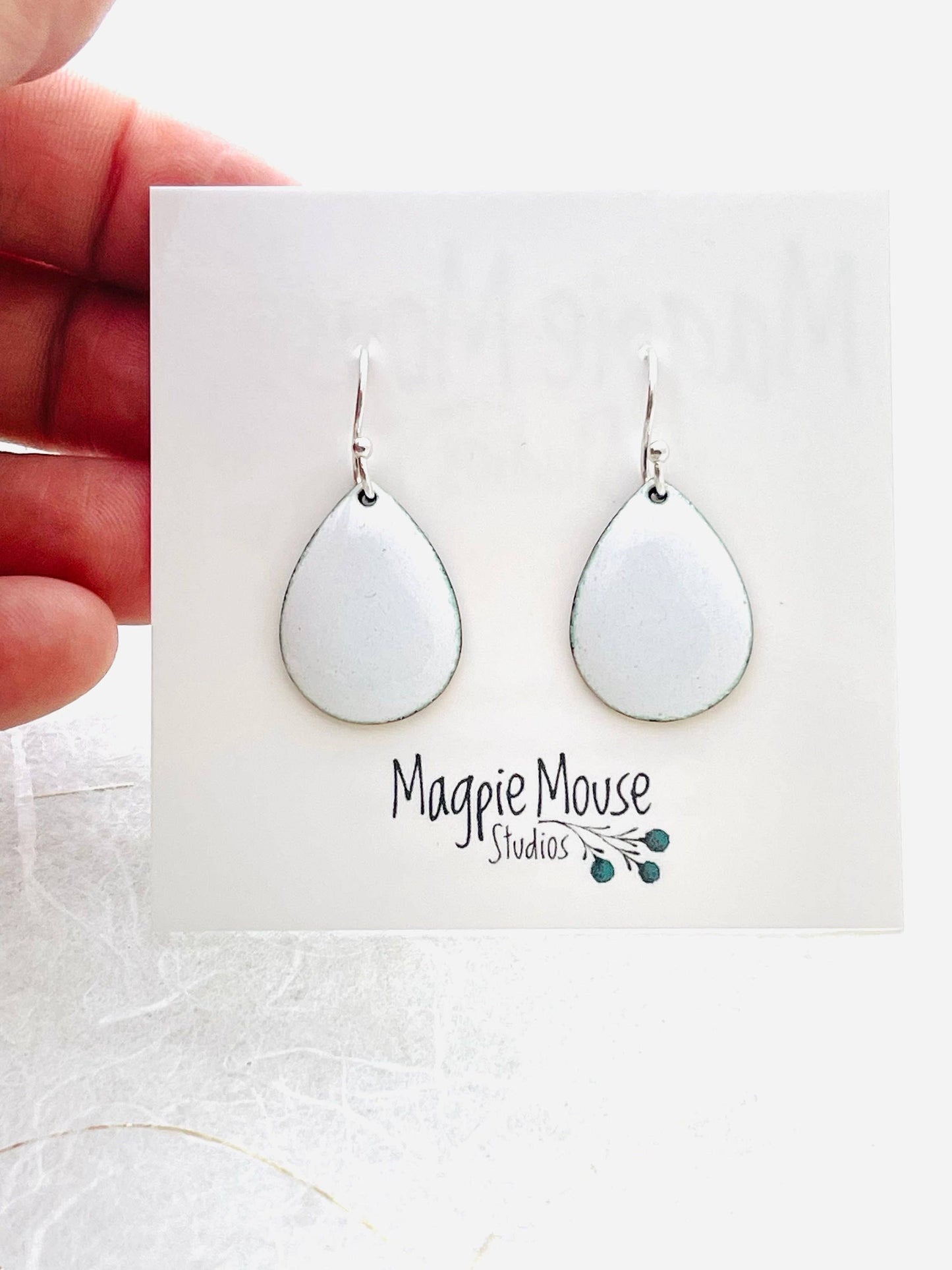 Small Teardrop Earrings, Titanium White Enamel Earrings