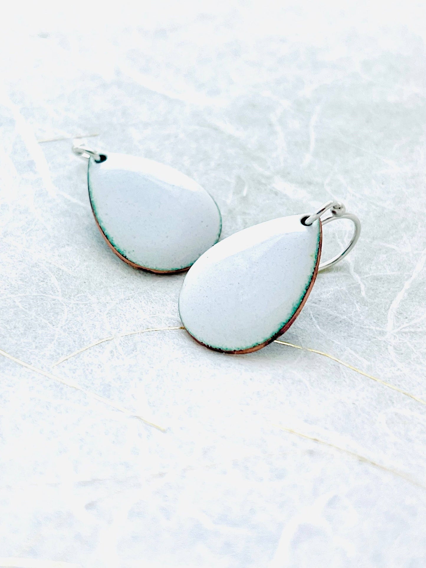 Small Teardrop Earrings, Titanium White Enamel Earrings