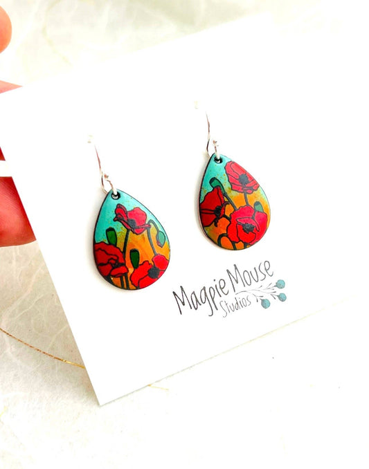 Small Teardrop Poppy Earrings, Mint Green and Orange Enamel