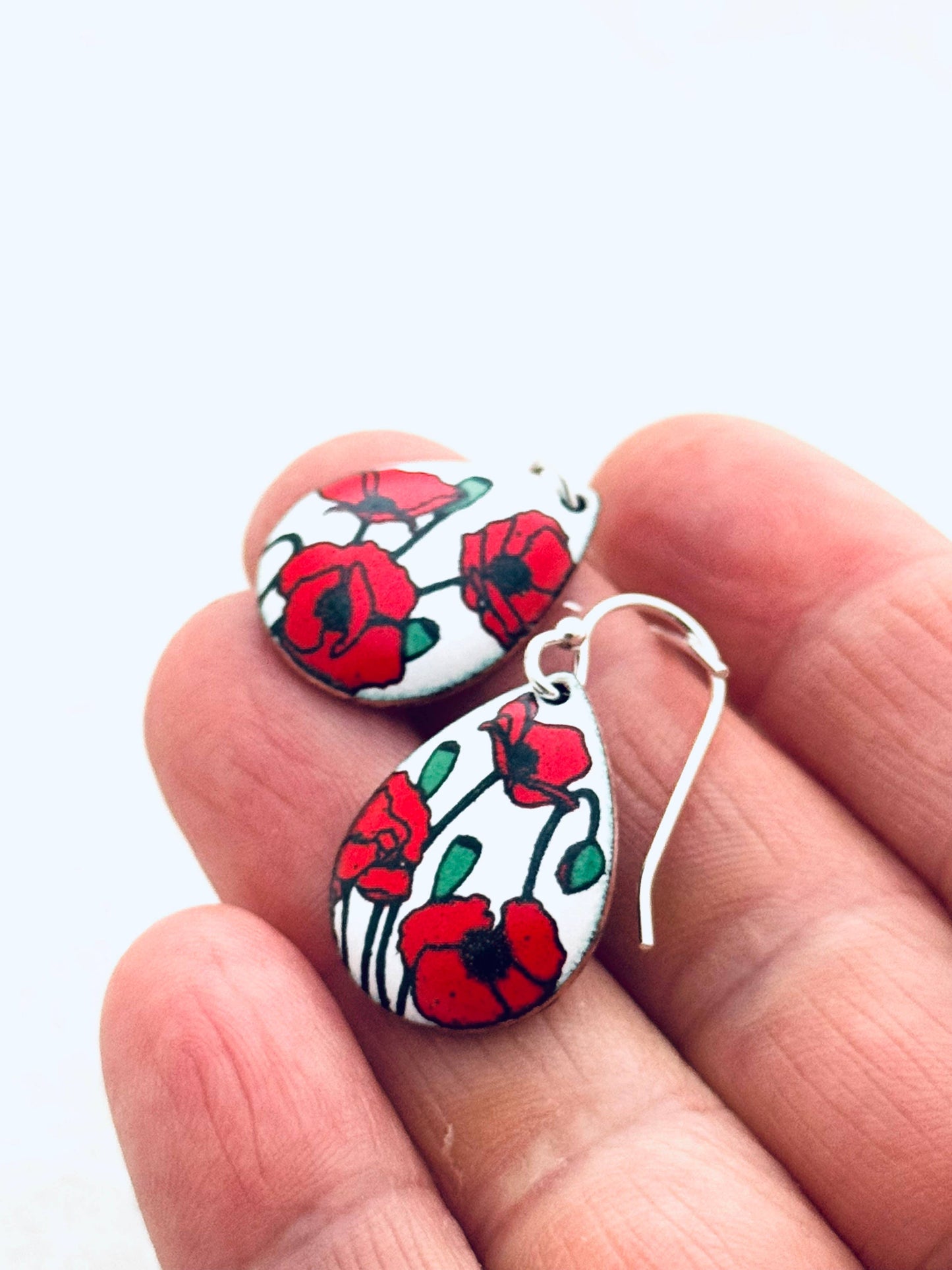 Small Teardrop Poppy Earrings, White Enamel