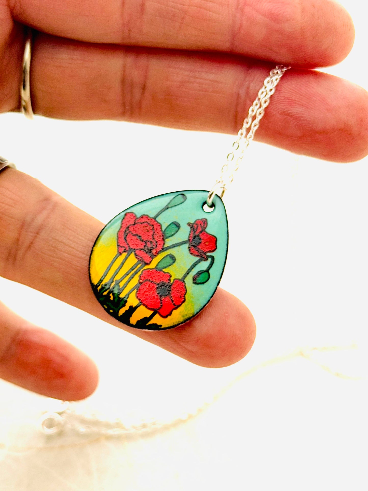 Poppy Pendant Necklace, Mint Green and Yellow Enamel