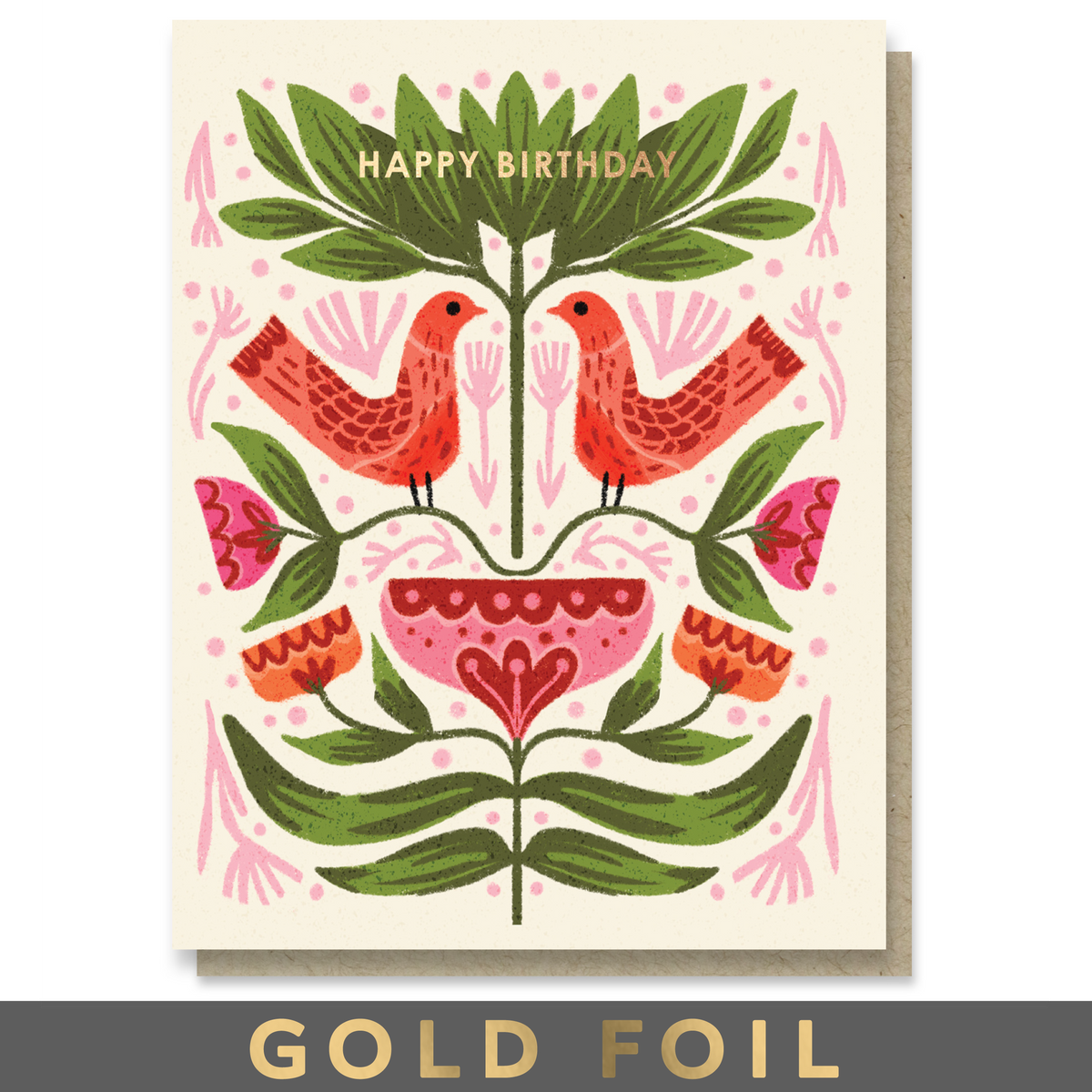 Folk Birthday Birds Birthday Illustrated Gold Foil Card