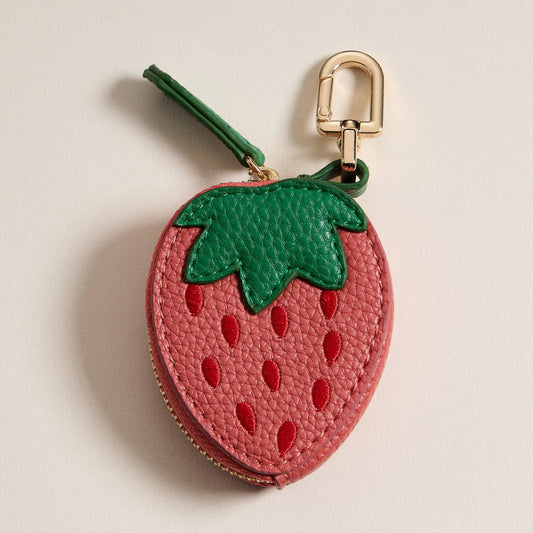 Strawberry-Inspired Leather Accessory Pouch with Keychain Clip