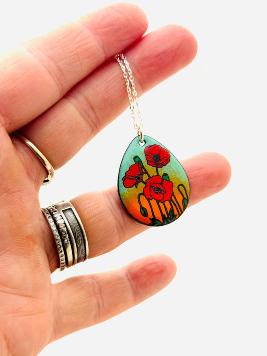 Poppy Pendant Necklace, Mint Green and Orange Enamel