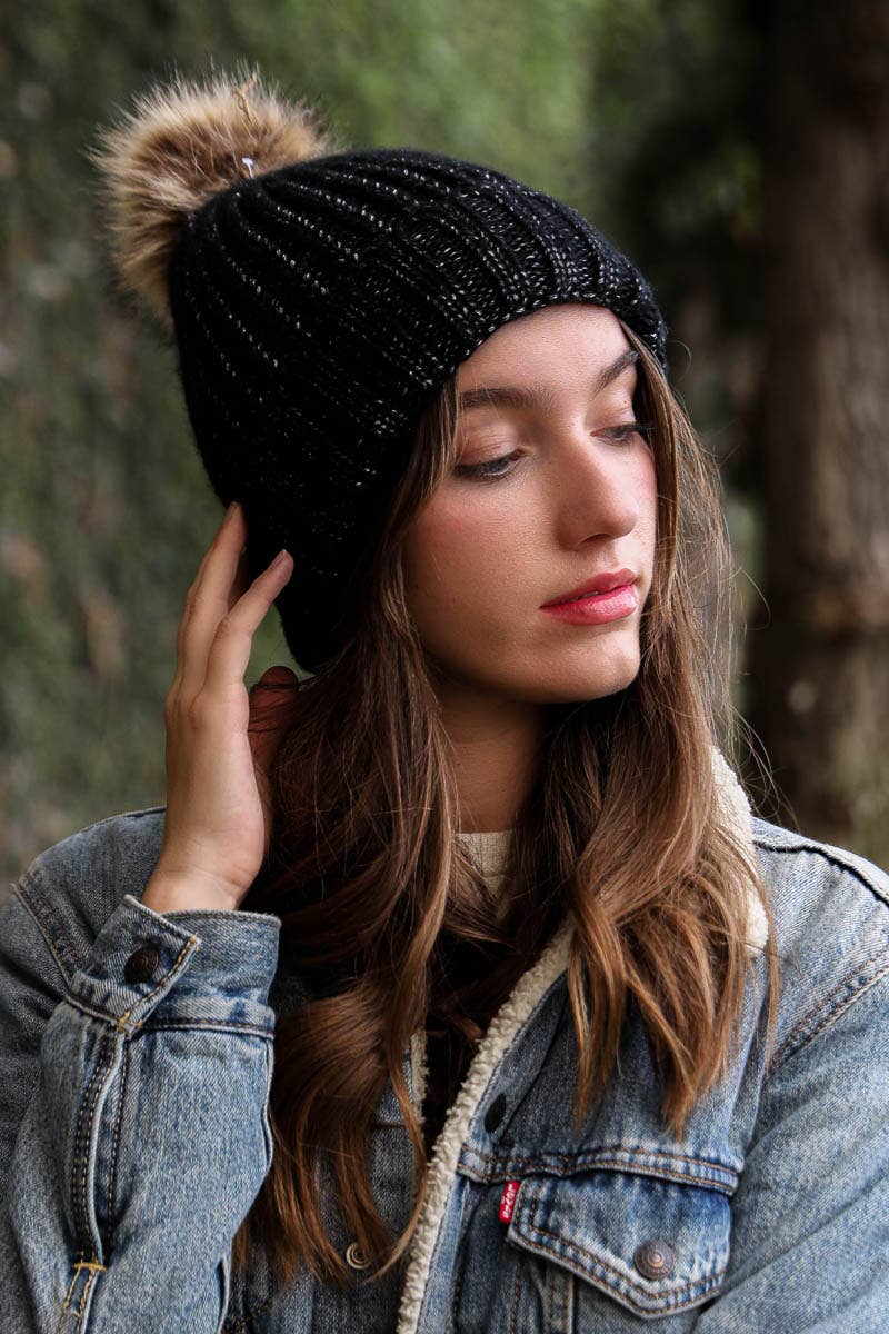 Metallic Cozy Soft Rib Knit Pom Beanie – Fall & Winter Style