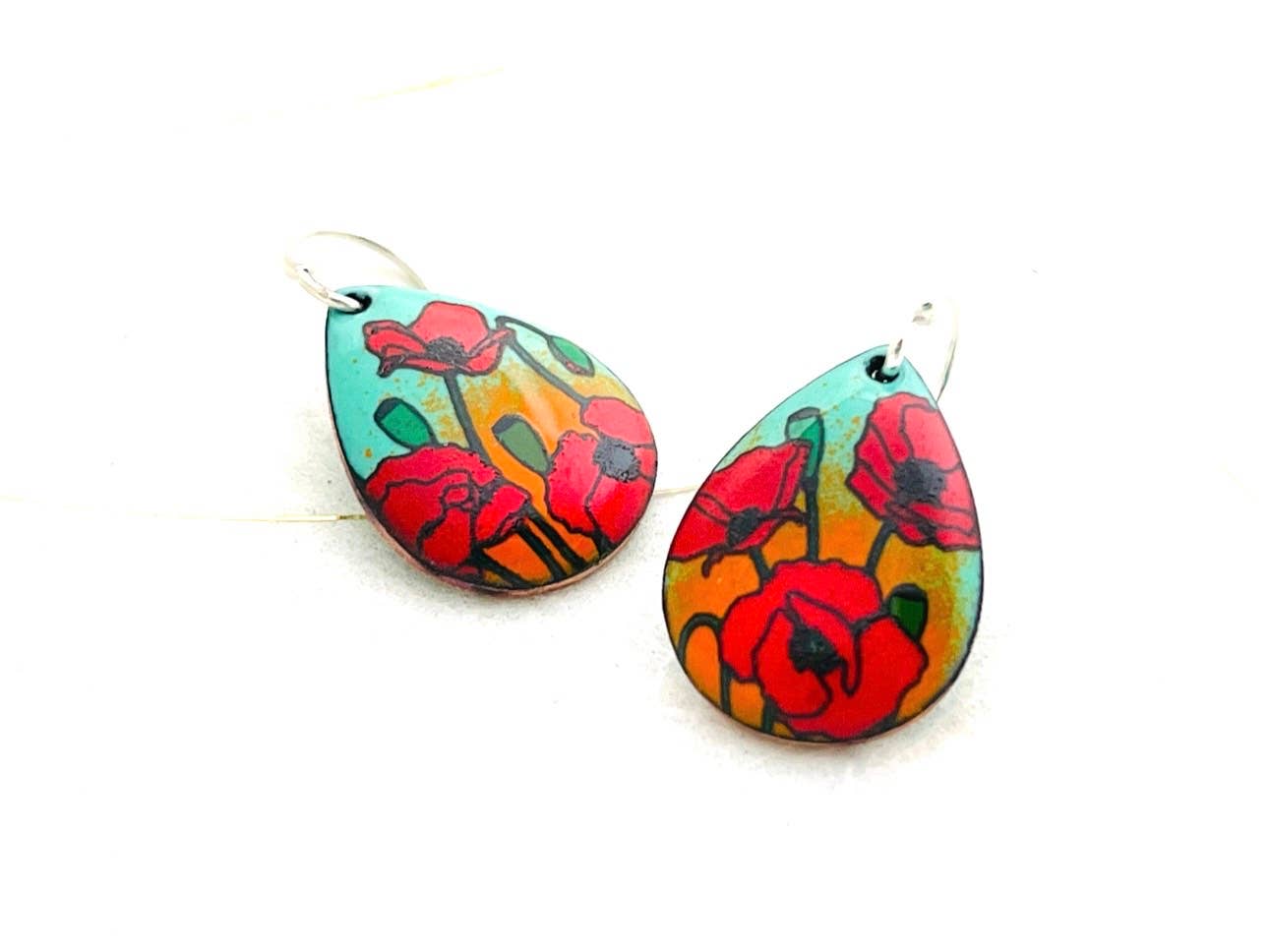 Small Teardrop Poppy Earrings, Mint Green and Orange Enamel